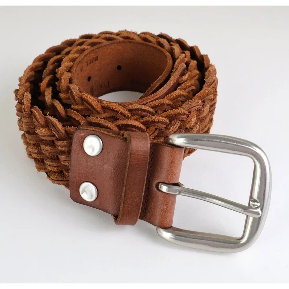 Polo Ralph Lauren Mens Braided Leather Belt Brown Woven Solid Brass 36 2113147